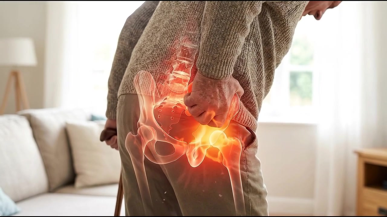 Senior Man Experiencing Hip Pain Using a Walking Cane