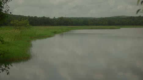 Serene-Indian-lake,-its-surface-unruffled-and-tranquil,-mirroring-the-surrounding-landscape-in-perfect-stillness