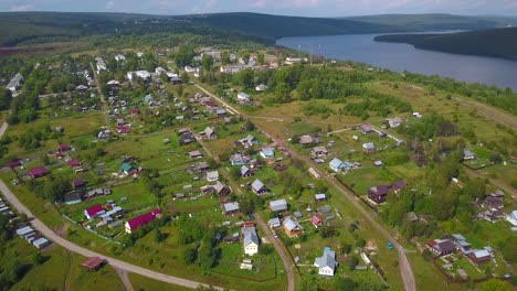 aerial view of a small village by a river