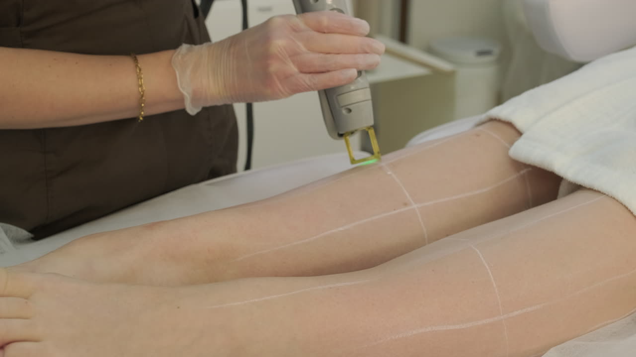 Beautician Performing Laser Hair Removal on Woman's Legs