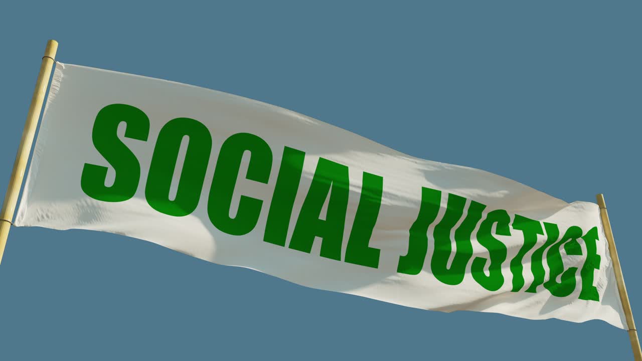Banner trasparente Giustizia Sociale su sfondo cielo blu, isolato