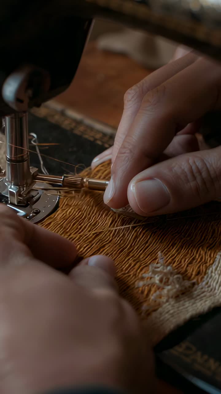 Vertical video: Lowering presser foot as hands steadying frayed edge, using guide to mend textile