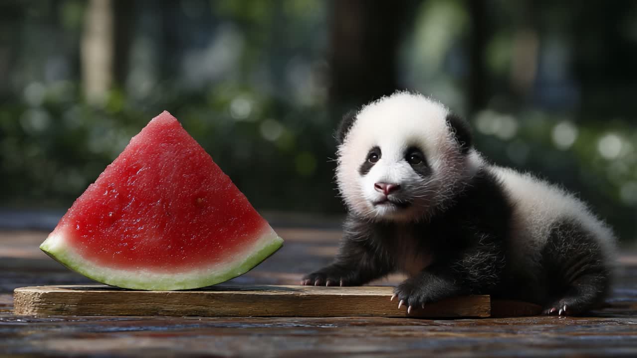 Charming Panda Cub Enjoys Watermelon Slice in Lush Natural Setting: A Heartwarming Moment Captured in Nature's Embrace
