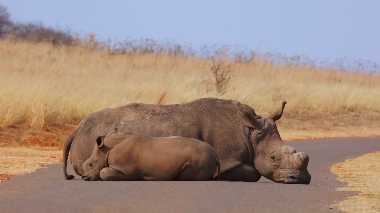 White Rhino mother and calf getting up after sleeping on tar road