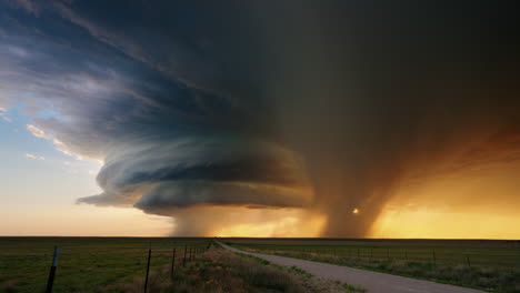 dramatic supercell thunderstorm over a rural landscape at sunset
