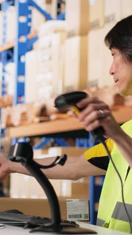 vertical video industrial staff member in big fulfillment center scanning tags on boxes