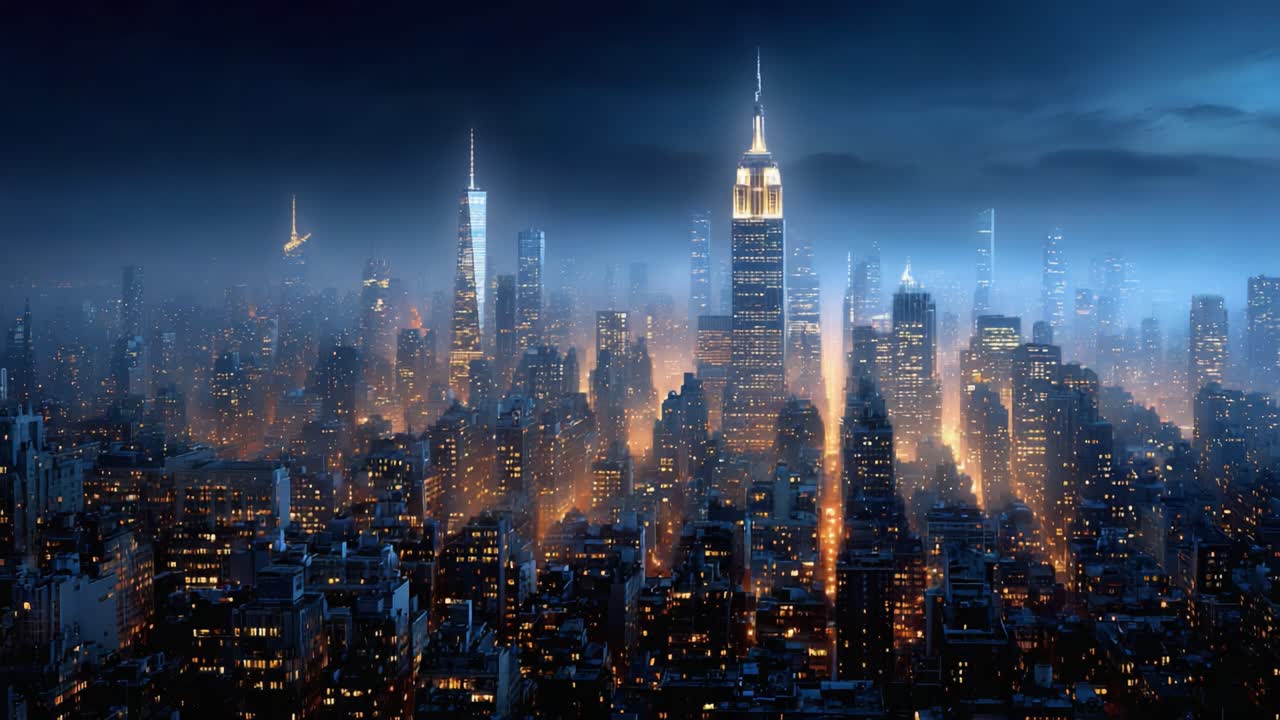 Stunning Nighttime Skyline: A Breathtaking View of Towers Illuminated in Golden Glow Against a Deep Blue Night Sky