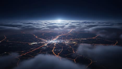 aerial view of a city at night with illuminated streets and buildings above the clouds