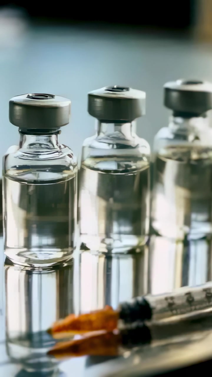 Video vertical: Cámara en movimiento que provoca un cambio de enfoque en tres viales y jeringas en una bandeja de laboratorio, estabilizándose.
