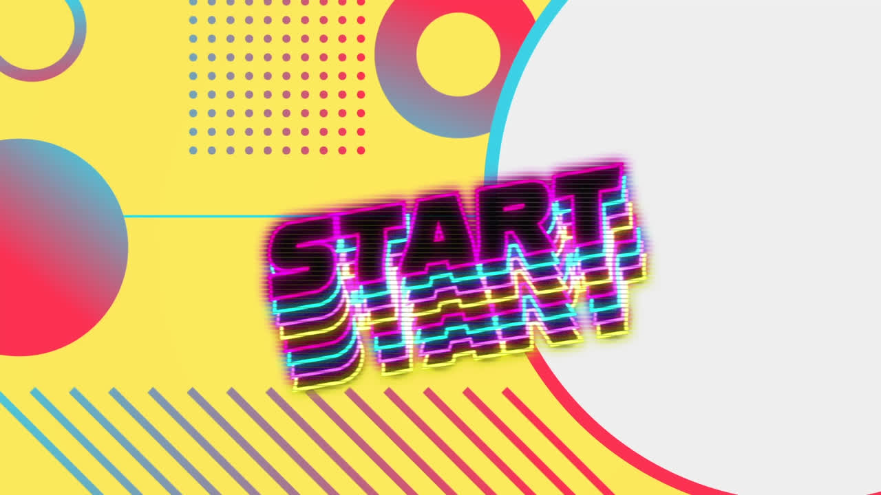 Animation of neon start text banner against abstract shapes pattern on yellow background
