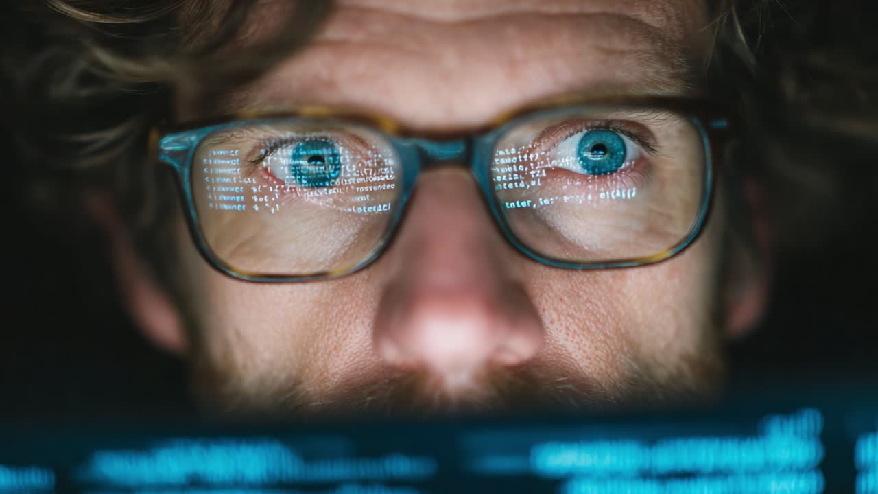 Intense Focus of a Programmer Analyzing Code on a Screen, Capturing the Intricacies of Software Development and Problem-Solving Through Reflection in Glasses