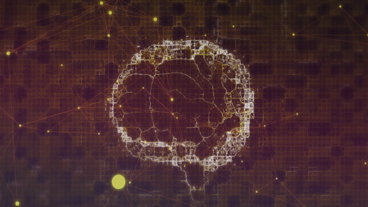 animación digital de la red de conexiones sobre el cerebro digital girando contra un fondo púrpura