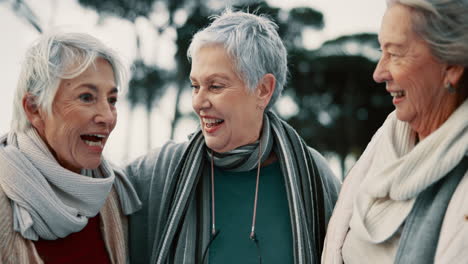 talking, laughing and senior woman friends outdoor