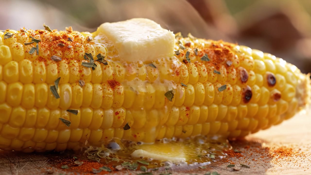 Heerlijk Beboterde Gegrilde Maïskolf met Kruiden en Specerijen, een Overheerlijke Traktatie Perfect voor Zomerse Barbecues en Buitenbijeenkomsten, Geniet van de Smaakvolle Ervaring