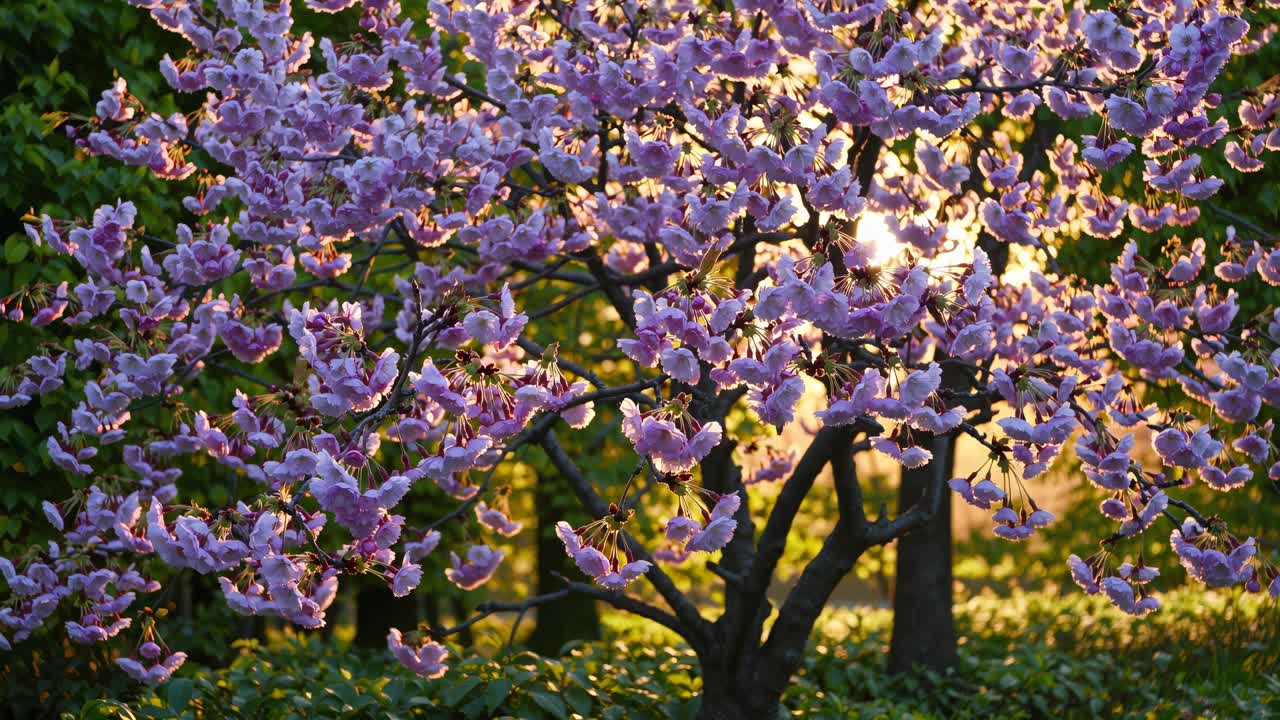 A serene video scene capturing a cherry blossom tree at sunset