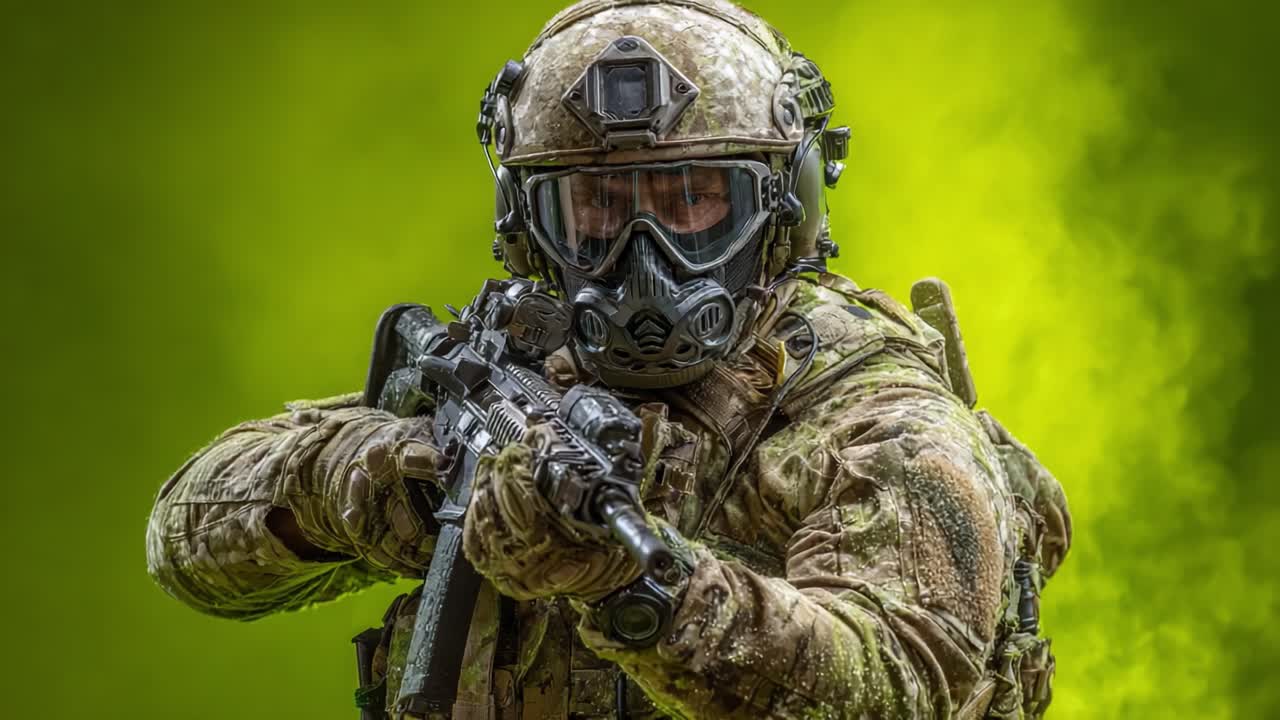 Un soldato tattico altamente addestrato equipaggiato con armi avanzate e equipaggiamento protettivo, pronto all'azione contro uno sfondo drammatico di fumo verde, mostrando dedizione e prontezza.