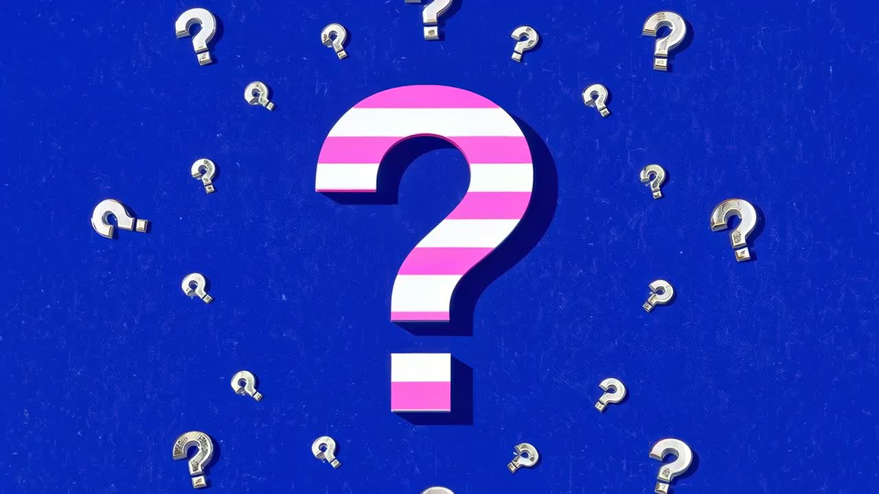 Playback starting striped question mark centering, metal marks orbiting clockwise in studio