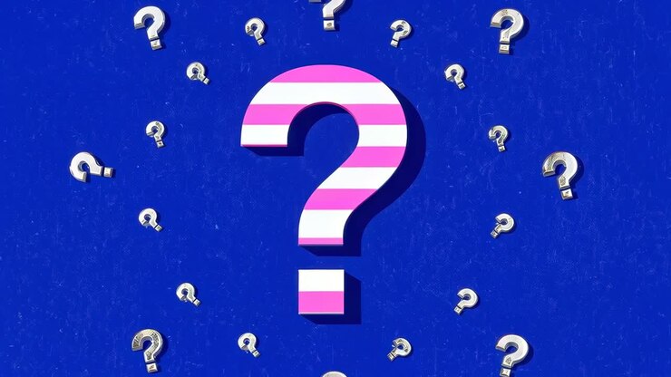 Playback starting striped question mark centering, metal marks orbiting clockwise in studio