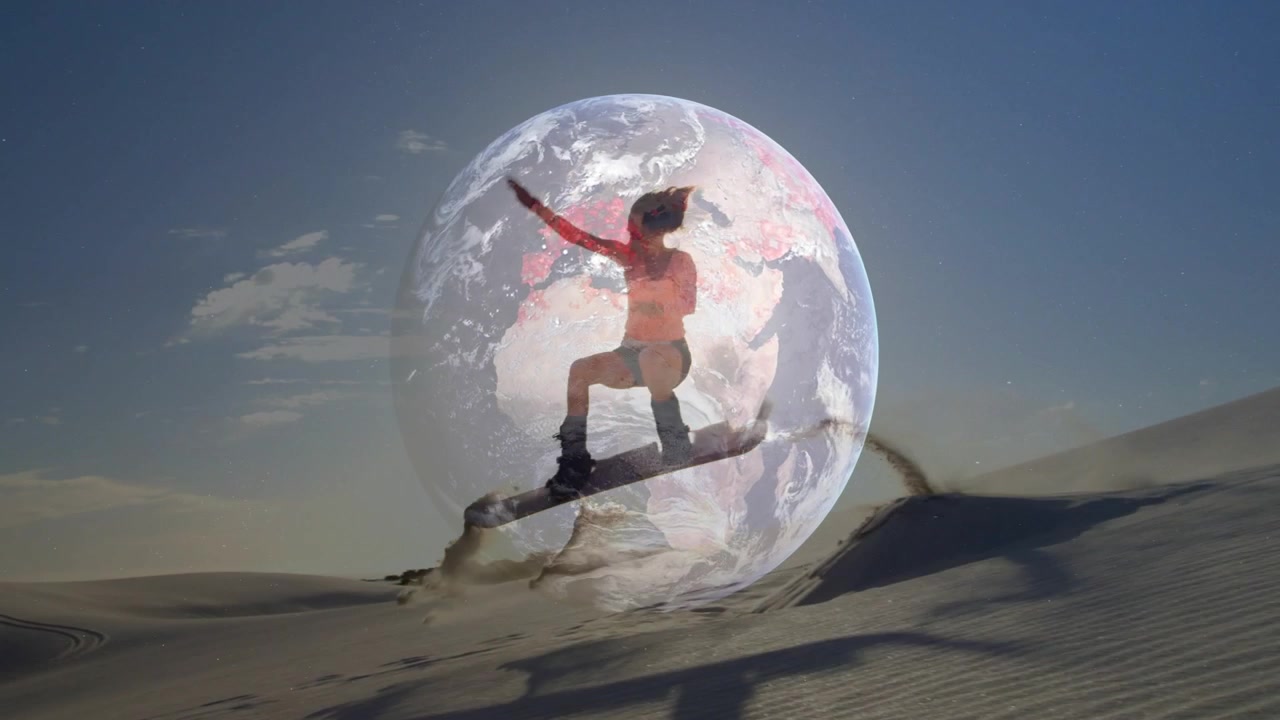 Donna su sandboard che inizia la discesa, scolpendo, saltando, atterrando e finendo per lo sport, con un globo centrato.