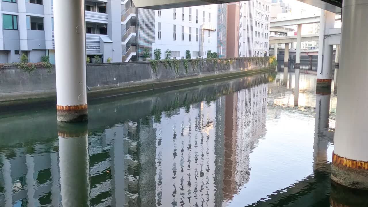 Calm water reflects city buildings and overpass pillars, creating a serene urban scene.