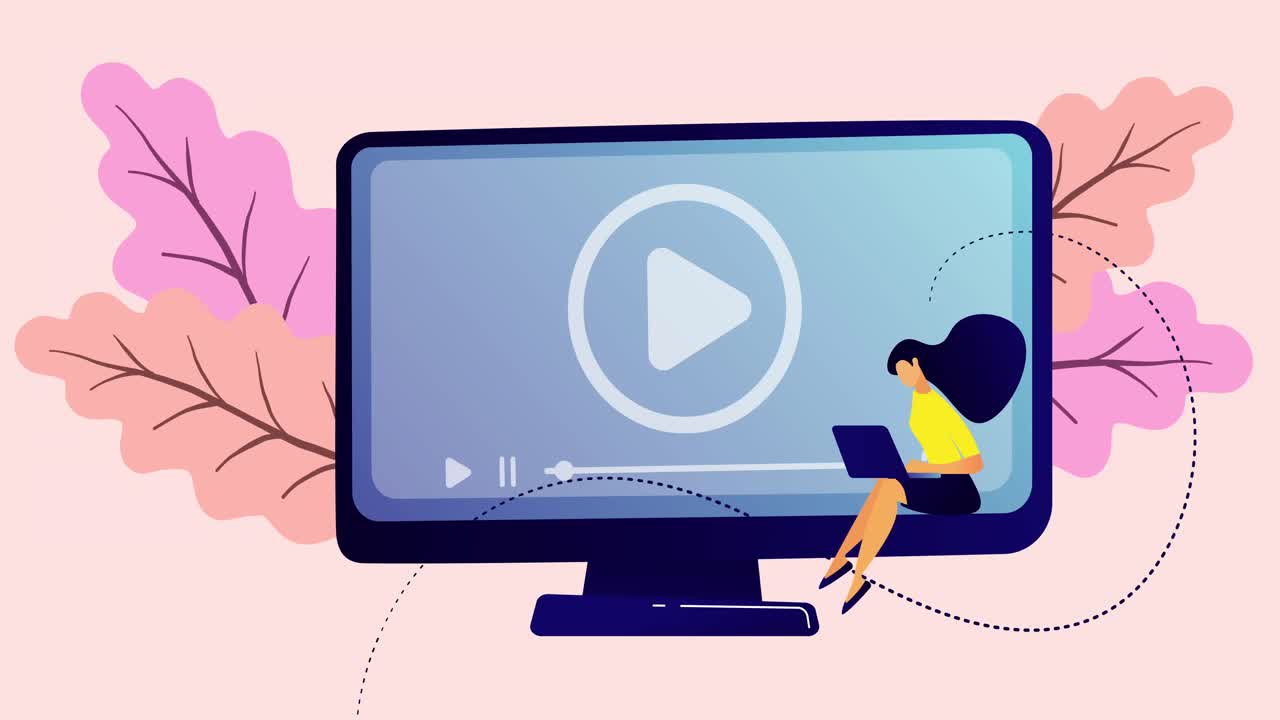 Animation eines Bildschirms mit Benutzeroberfläche und einer Frau, die einen Laptop benutzt, vor Blättern.
