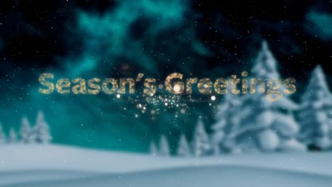 Seasons-greetings-text-over-fireworks-exploding-against-snow-falling-over-winter-landscape