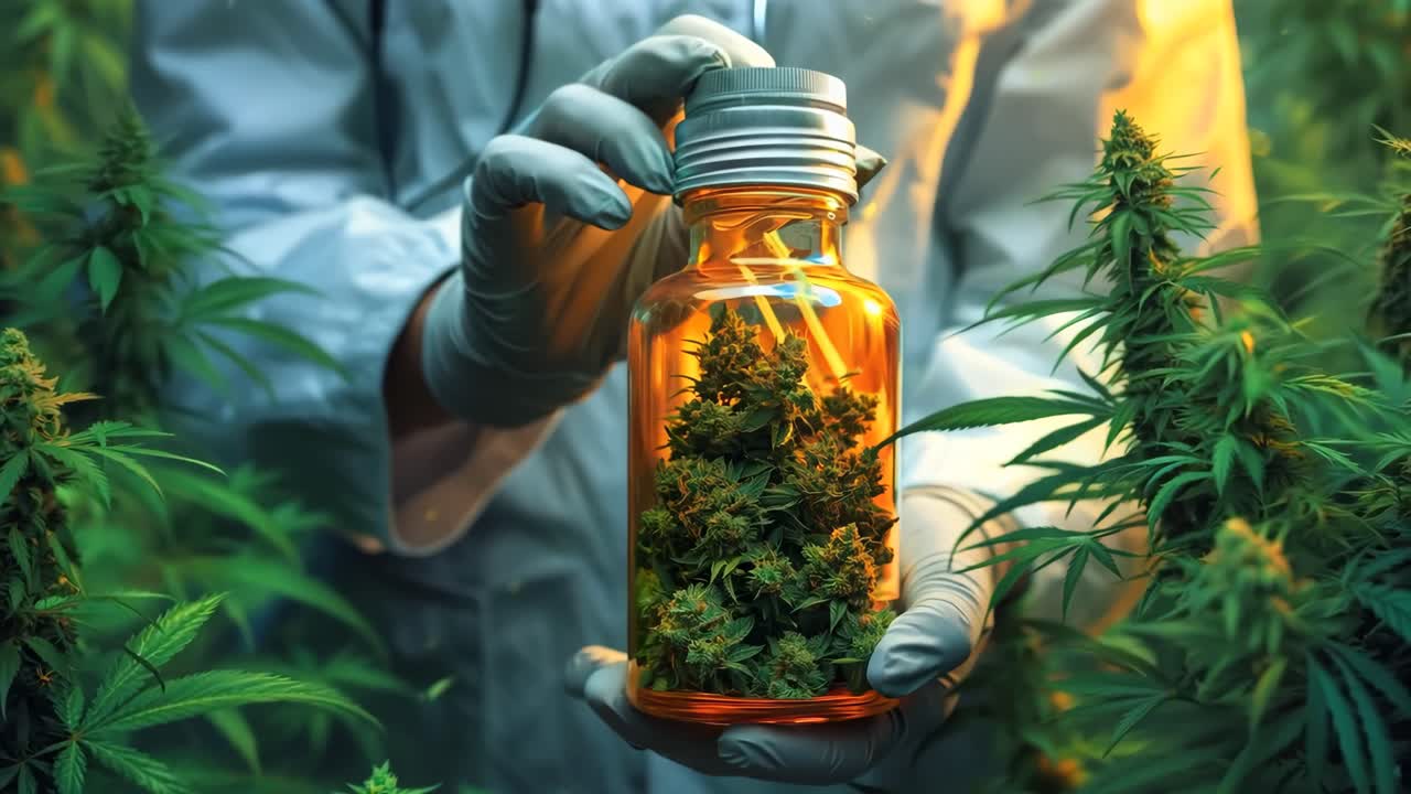 A man is holding a bottle of marijuana in his hand. The bottle is orange and the marijuana is green. The man is wearing a white lab coat and gloves. The scene is set in a field with many green plants