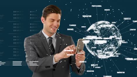 animation of globe of network of connections with business text over businessman using smartphone