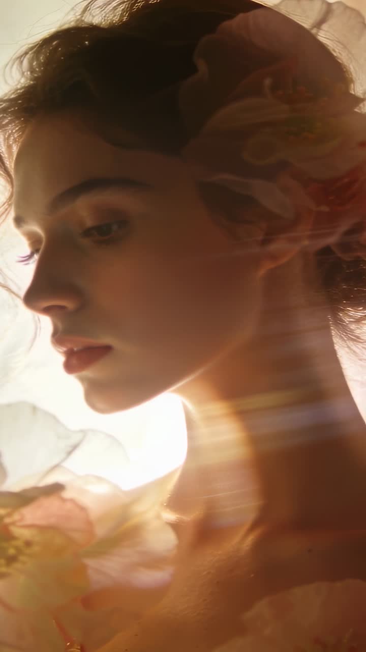 Vertical video: Facing woman lowering chin in studio, air shifting petals across gown, warm light