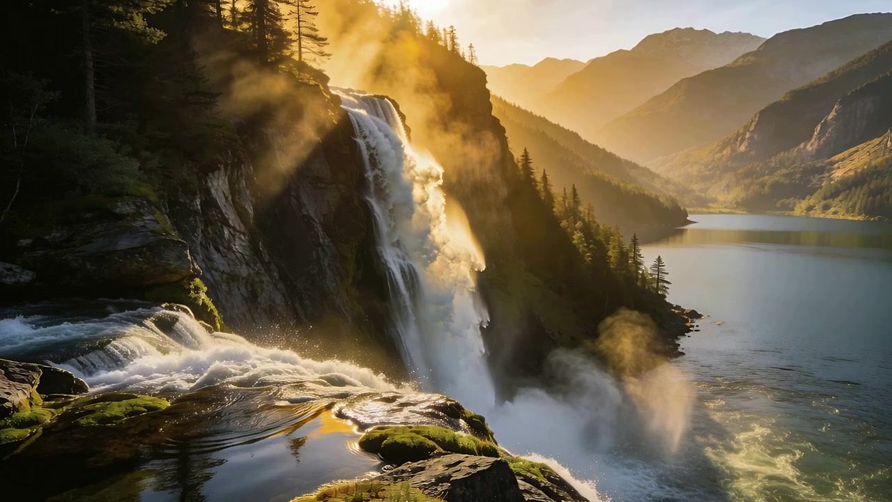 Cascata a più livelli alimentata da un ruscello che si riversa in un lago all'ora d'oro, inviando nebbia sulle pozze di muschio