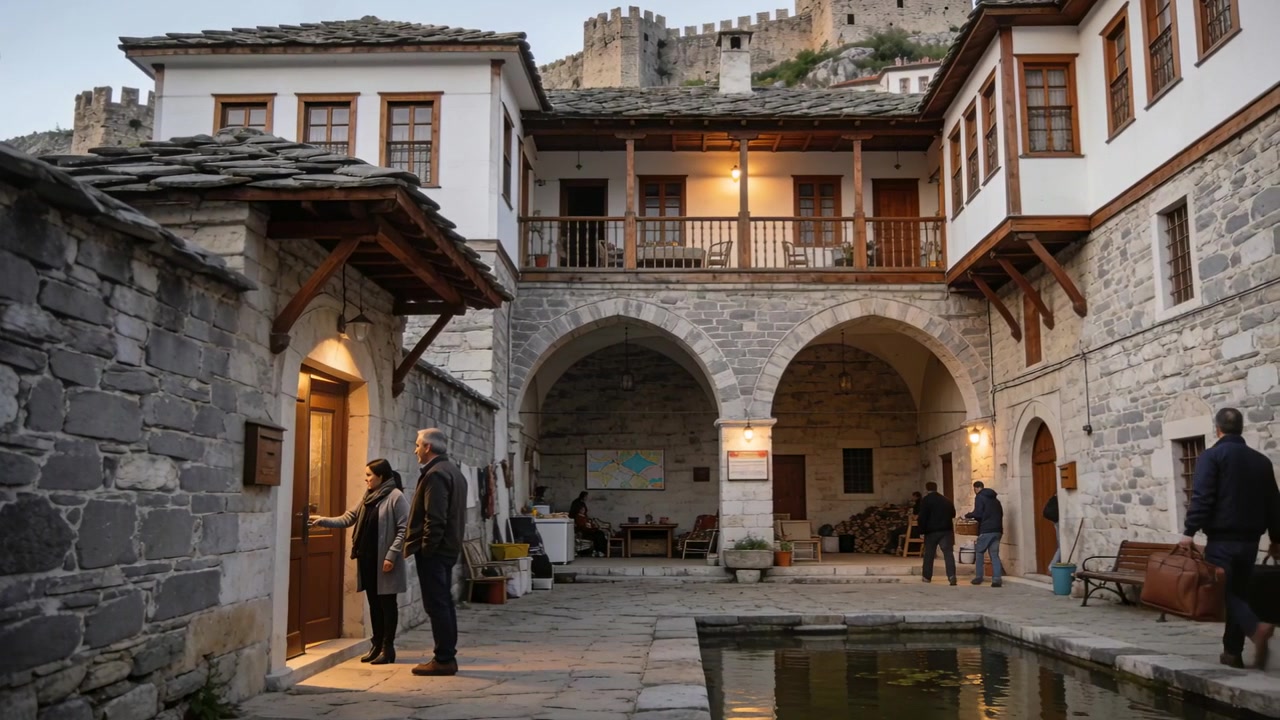 Uomo e donna anziani in cappotto che si avvicinano e parlano alla porta sinistra del cortile, con valigie.
