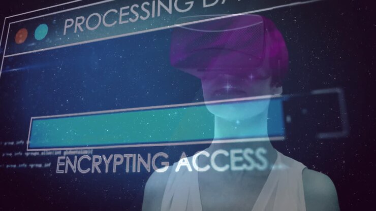 Animation of data processing over woman using vr headset