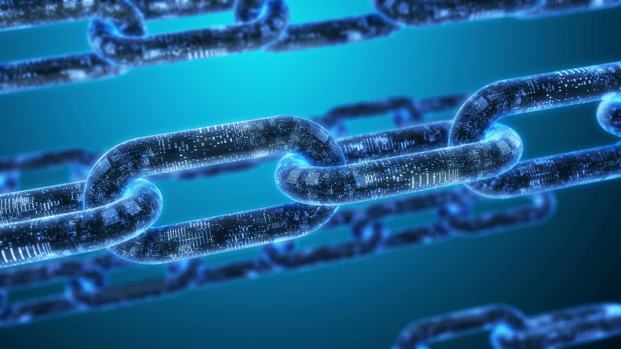 cadena de wireframe 3d con datos digitales de criptomoneda en la animación de bucle de video del ciberespacio