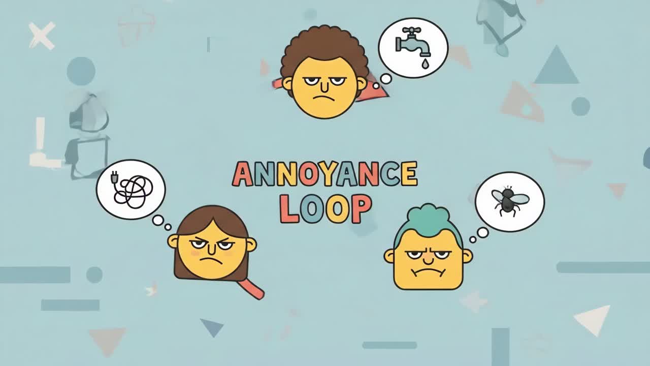 Loop animato fastidioso con facce da cartone animato e problemi comuni