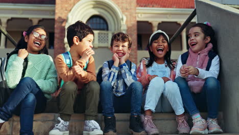 school, friends and children laugh on stairs ready