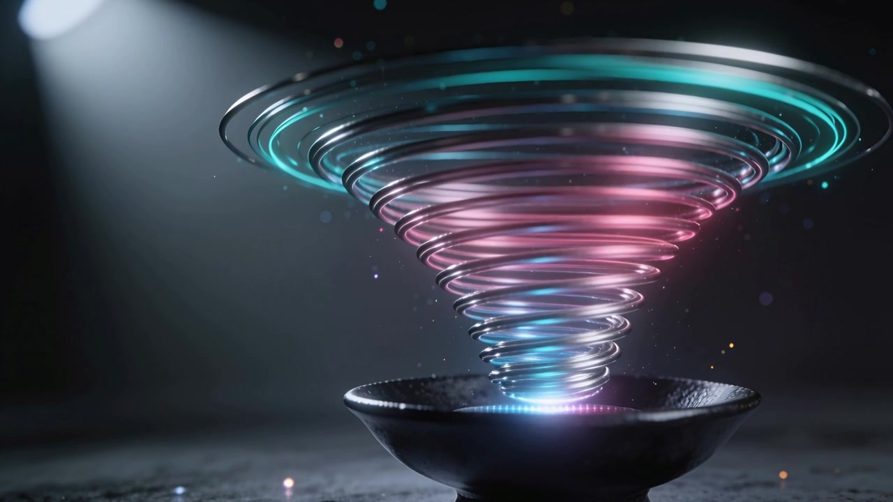 Forming as cyan dot rising in black bowl vortex turning above desk with cyan-magenta rings sparks