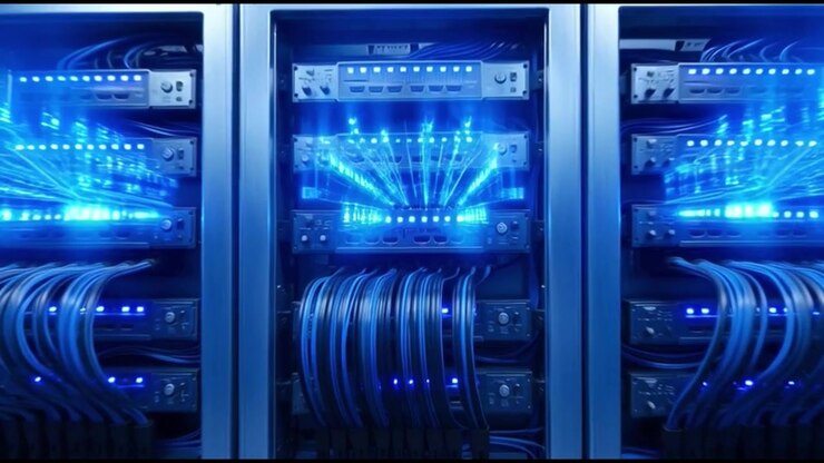 Data Center Server Racks with Glowing Blue Network Connectivity