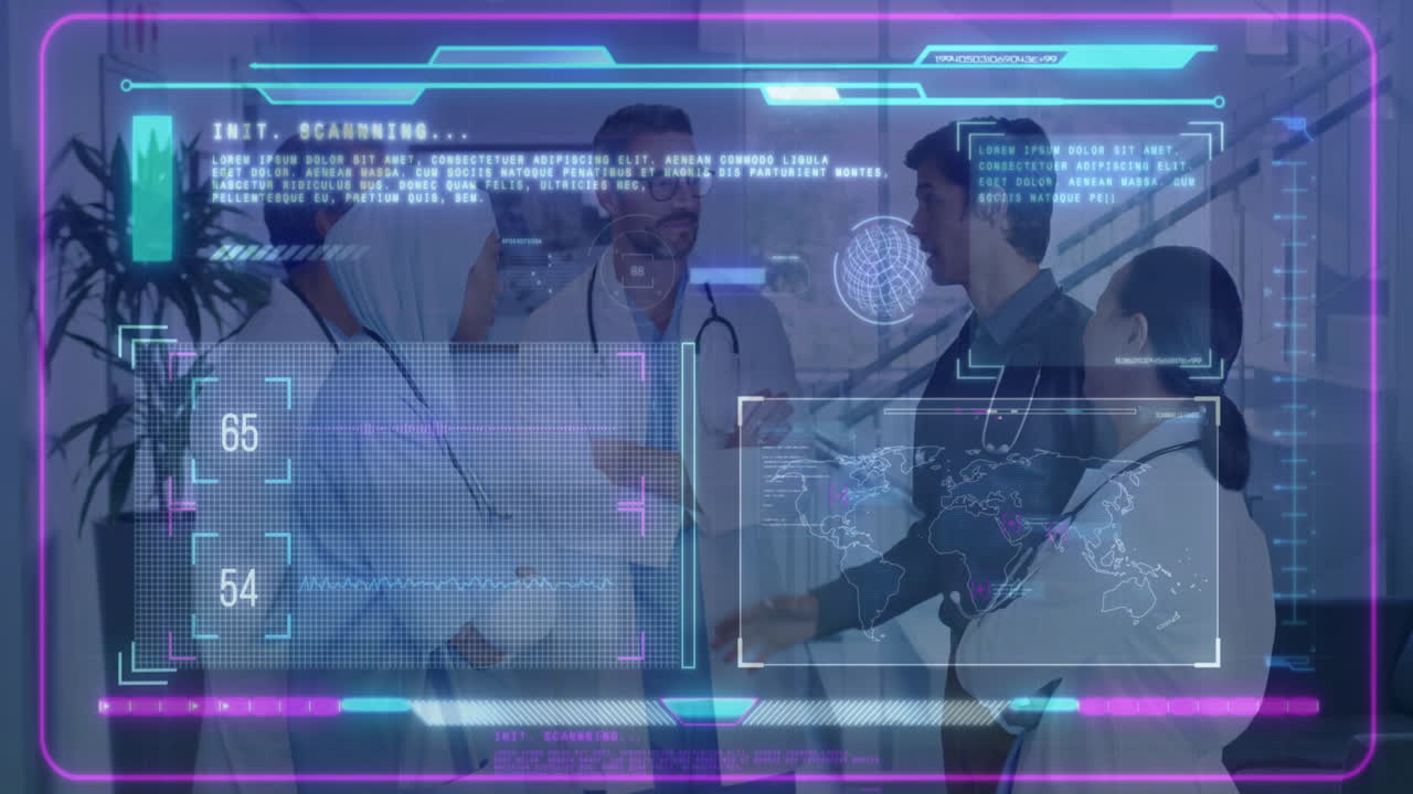 Medical team examining data in clinic, displaying holographic interface with world map and readings