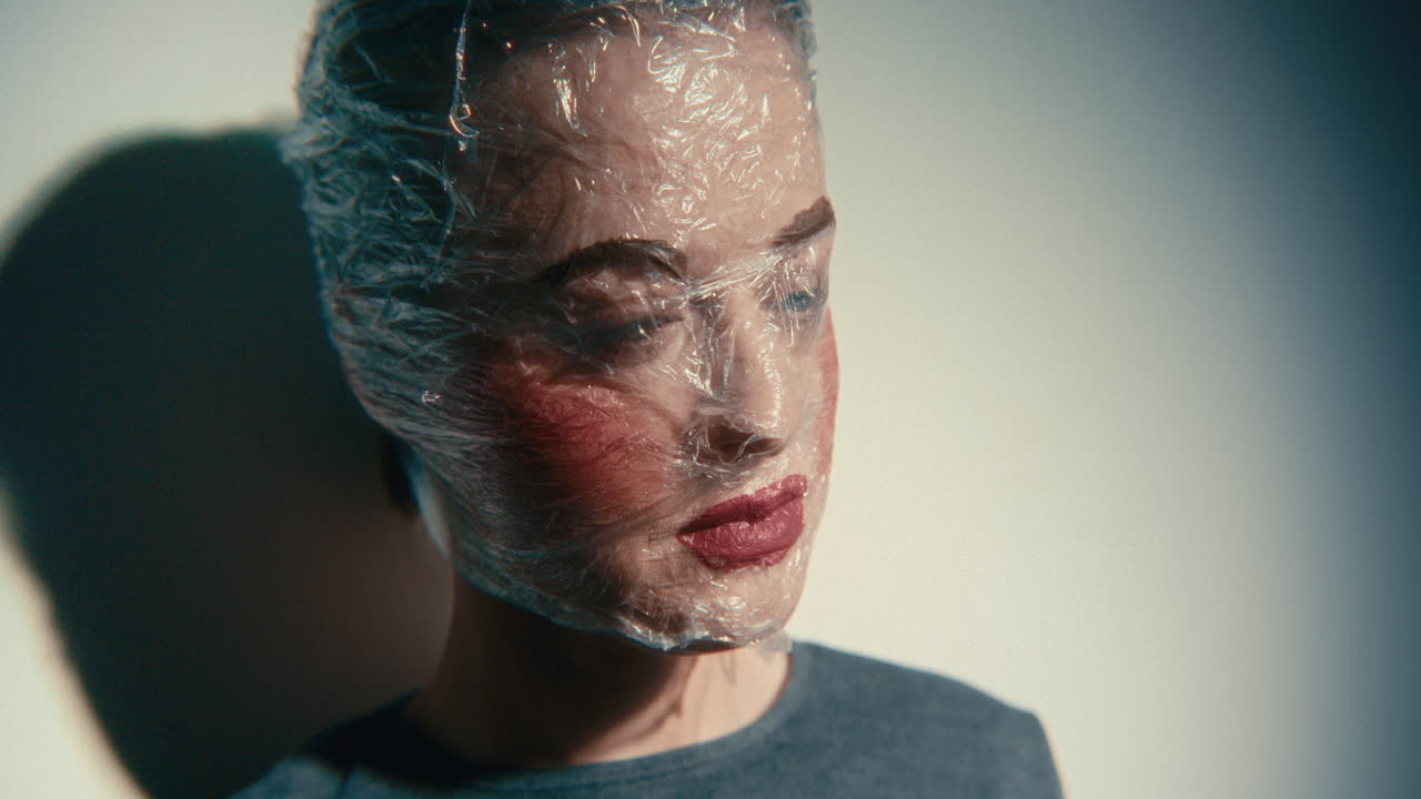 Woman with plastic wrap on her head