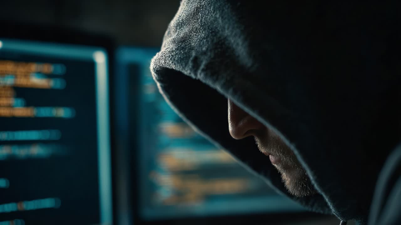A Mysterious Hooded Figure Engaged in Intense Coding Activity, Illuminated by Computer Screens in a Dimly Lit Environment, Representing the Intricacies of Cybersecurity and Hacking