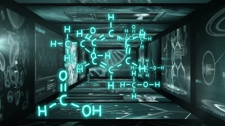 Animazione di formule matematiche e elaborazione dati scientifici su schermi su sfondo nero