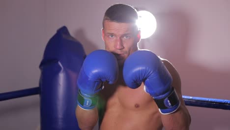 boxer in blue gloves beats bag and prepares for professional boxing boxer in blue gloves beats bag and prepares for professional boxing slow motion