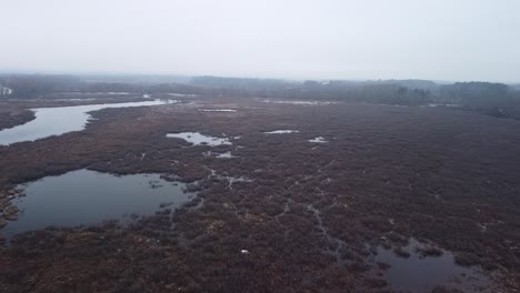 drone swooping down over winter wetlands on a cold grey winter day in sudbury, massachusetts