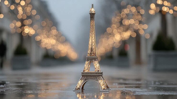 A Striking Miniature Eiffel Tower Captured Amidst Soft Glowing Lights, Creating a Dreamlike Atmosphere in a Rainy Setting