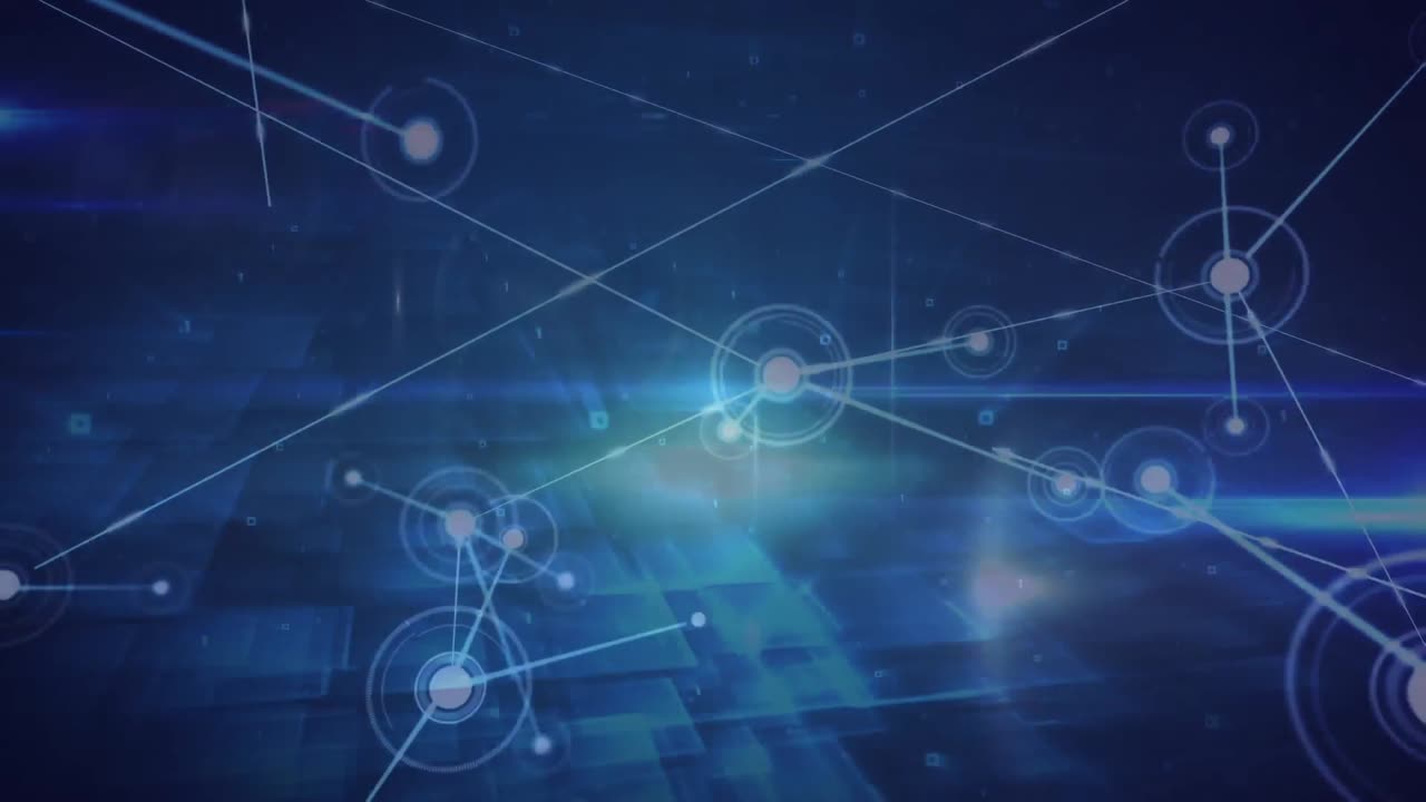 animación de la red de conexiones sobre puntos de luz y formas cuadradas contra un fondo azul.