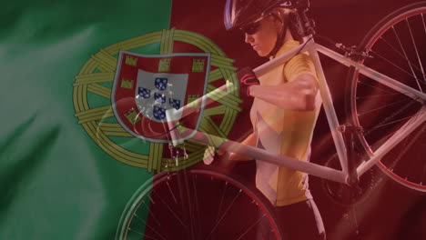 animation of flag of portugal over caucasian female biker