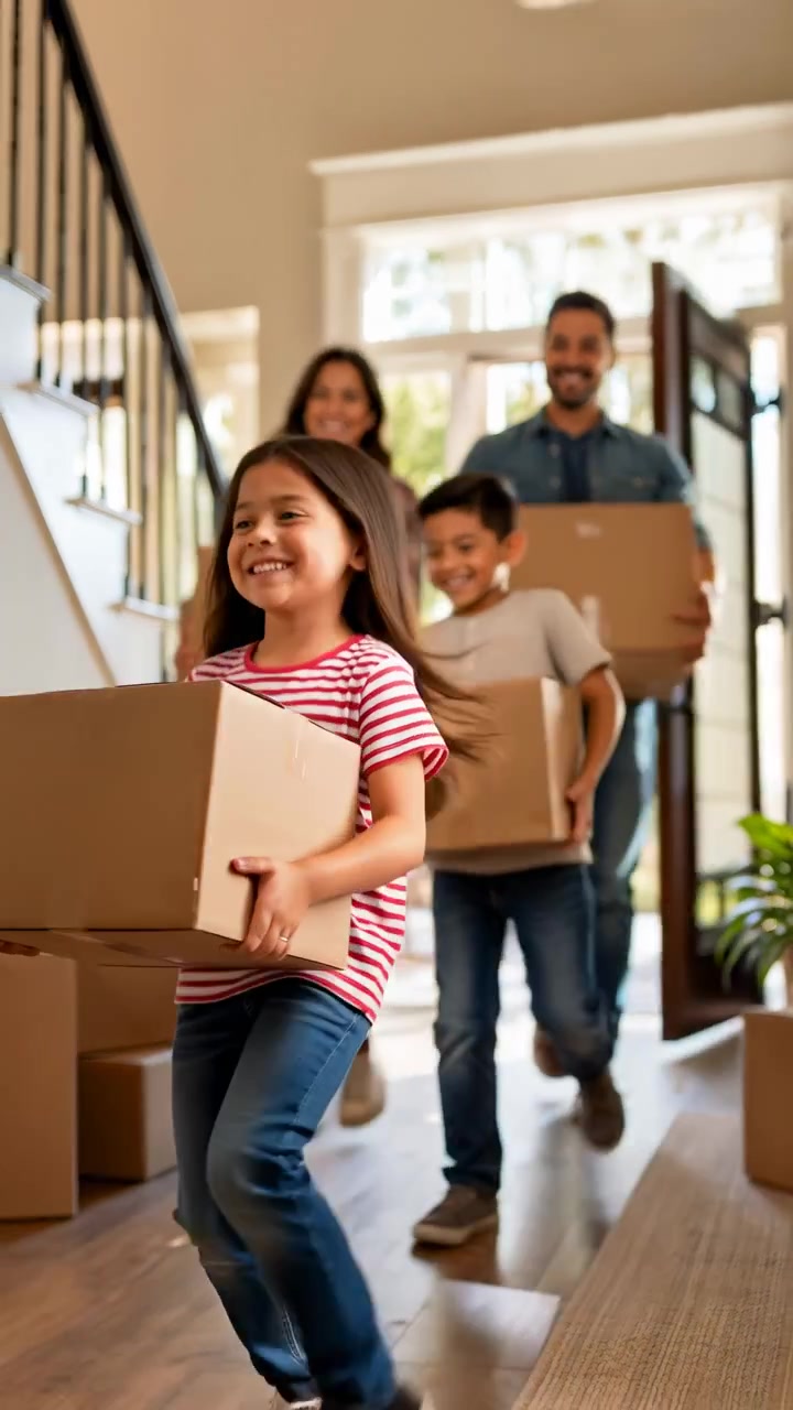 Smiling parents and two children carry cardboard boxes through the open doorway of a sunlit house, with a young girl in the foreground, staircase on the left