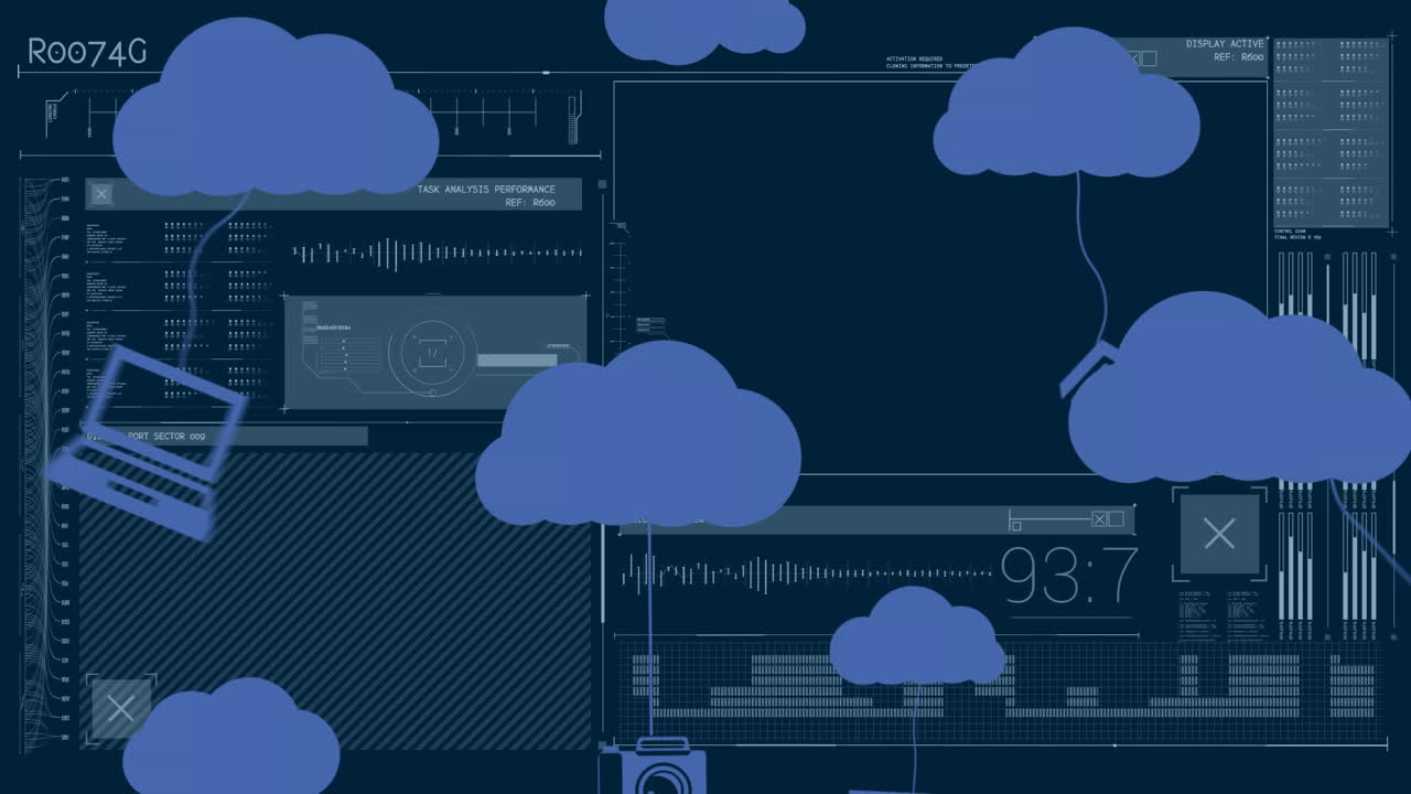 animación de iconos de nubes y procesamiento de datos sobre un fondo oscuro