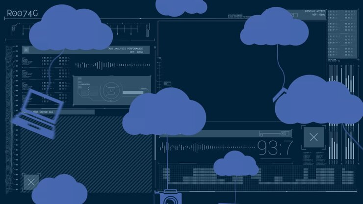 Animasi ikon awan dan pemrosesan data dengan latar belakang gelap