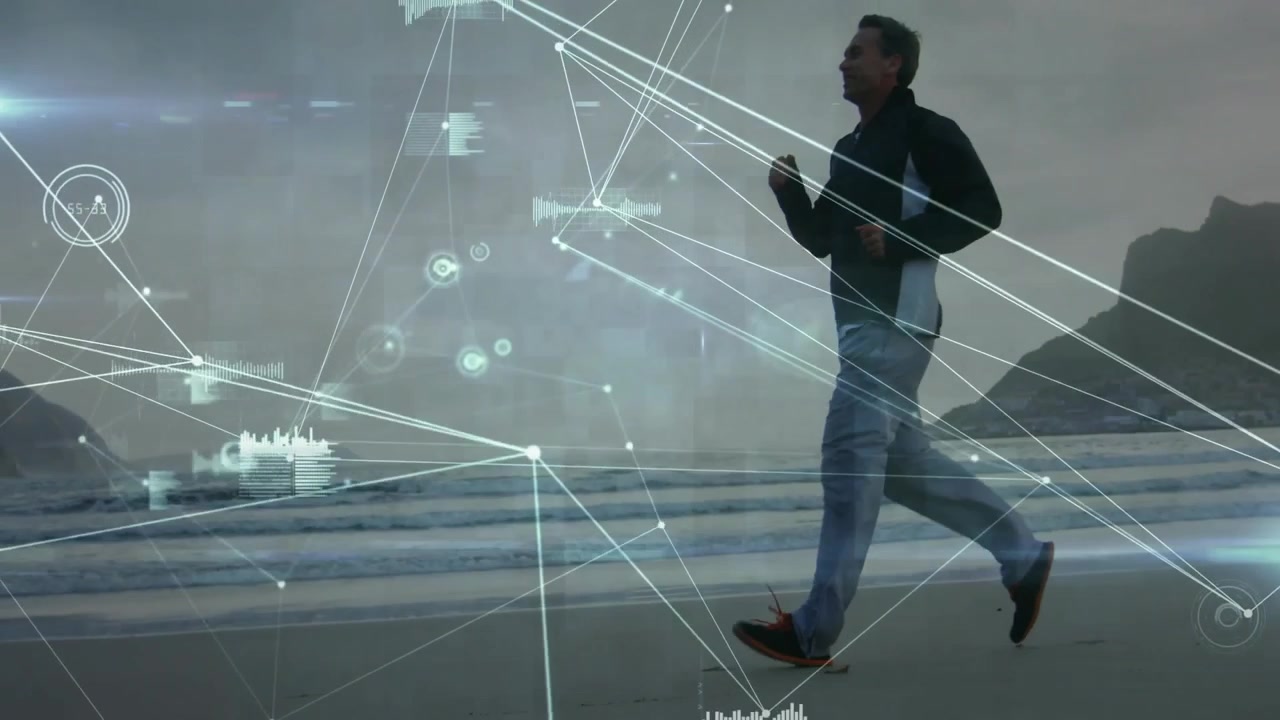 Runner stepping into beach view activating floating nodes connecting limbs and tracking run metrics